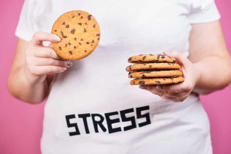 Woman wearing a white t-shirt with stress written on it while holding chocolate chip cookies in both hands.