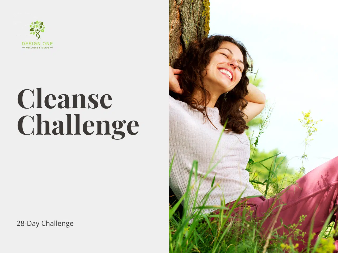 Cleanse Challenge Cover with happy woman sitting in grass leaning against a tree