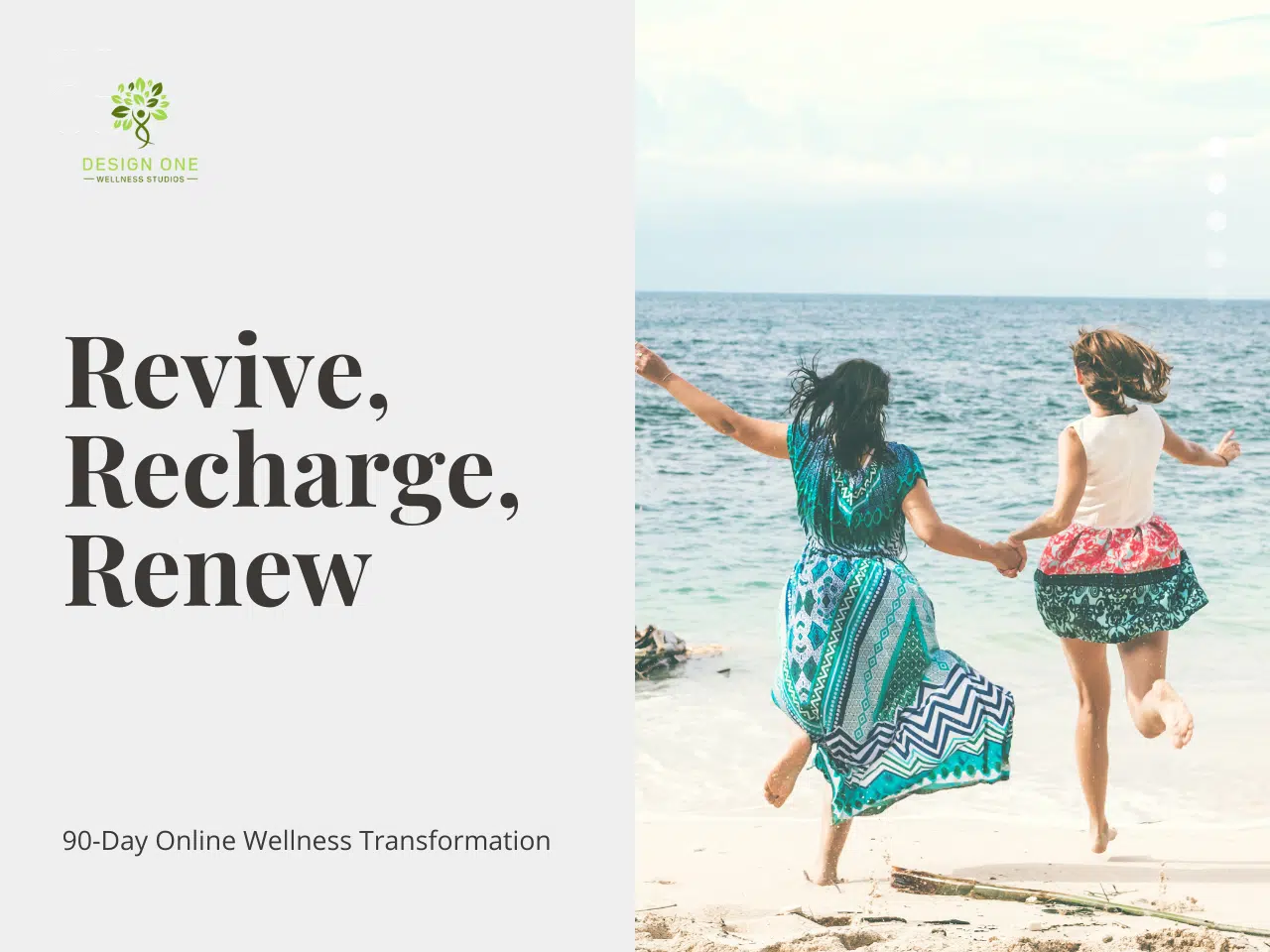 Revive Recharge Renew Cover with two woman running on the beach