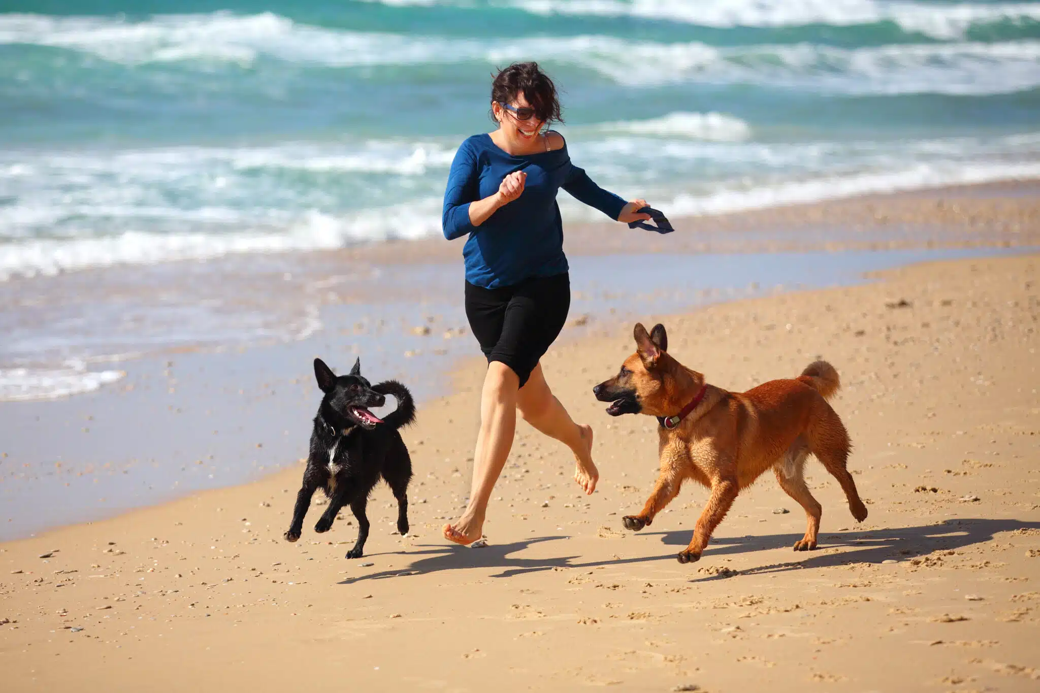 Mature Woman playing with her dogs on the beach